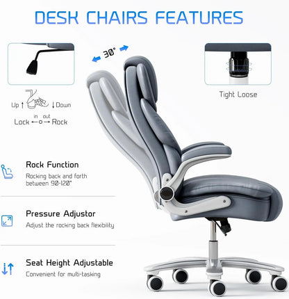Office Chair 400lb Wide Seat, Ergonomic High Back Leather Executive Desk Chair with Flip-up Arms, Gray/Blue | Kimlud...