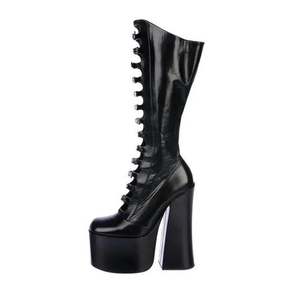 Women's Autumn Thick Bottom Hollow Knee High Boots Side Zipper Square Heel Pole Dance Female Sexy Shoes Super High Heel Platform - Kimlud