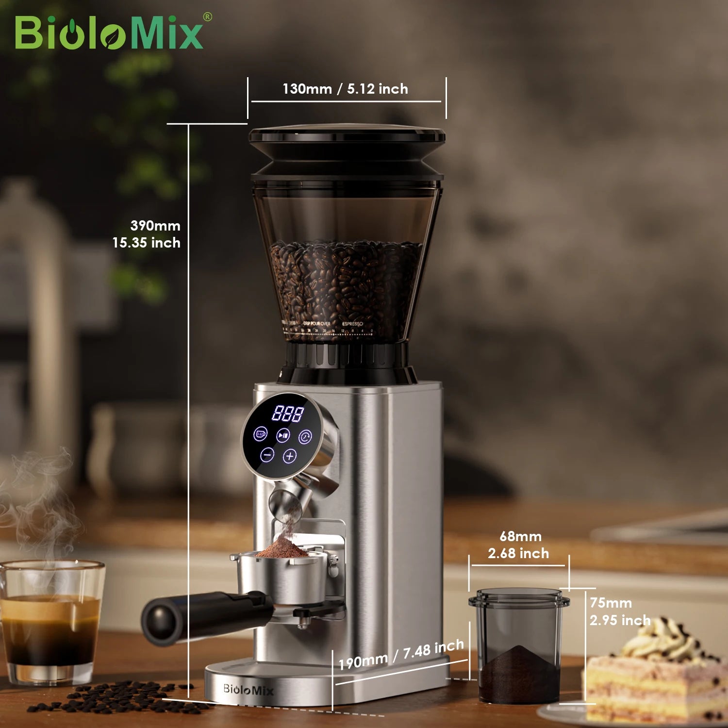 BioloMix Professional Conical Burr Grinder 48 Adjustable Settings with Removable Holder for Espresso Drip and French...
