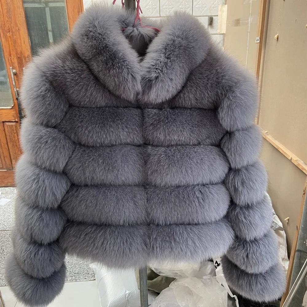 QUEENTINA Fox Fur Coat Real Winter New Outwears Women's Fashion Luxury Jacket High Quality Clothing Natural And Stand Collar