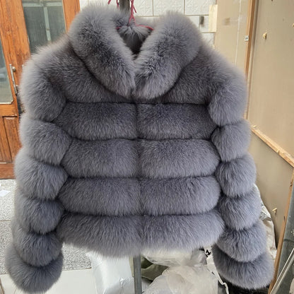 QUEENTINA Fox Fur Coat Real Winter New Outwears Women's Fashion Luxury Jacket High Quality Clothing Natural And Stand Collar