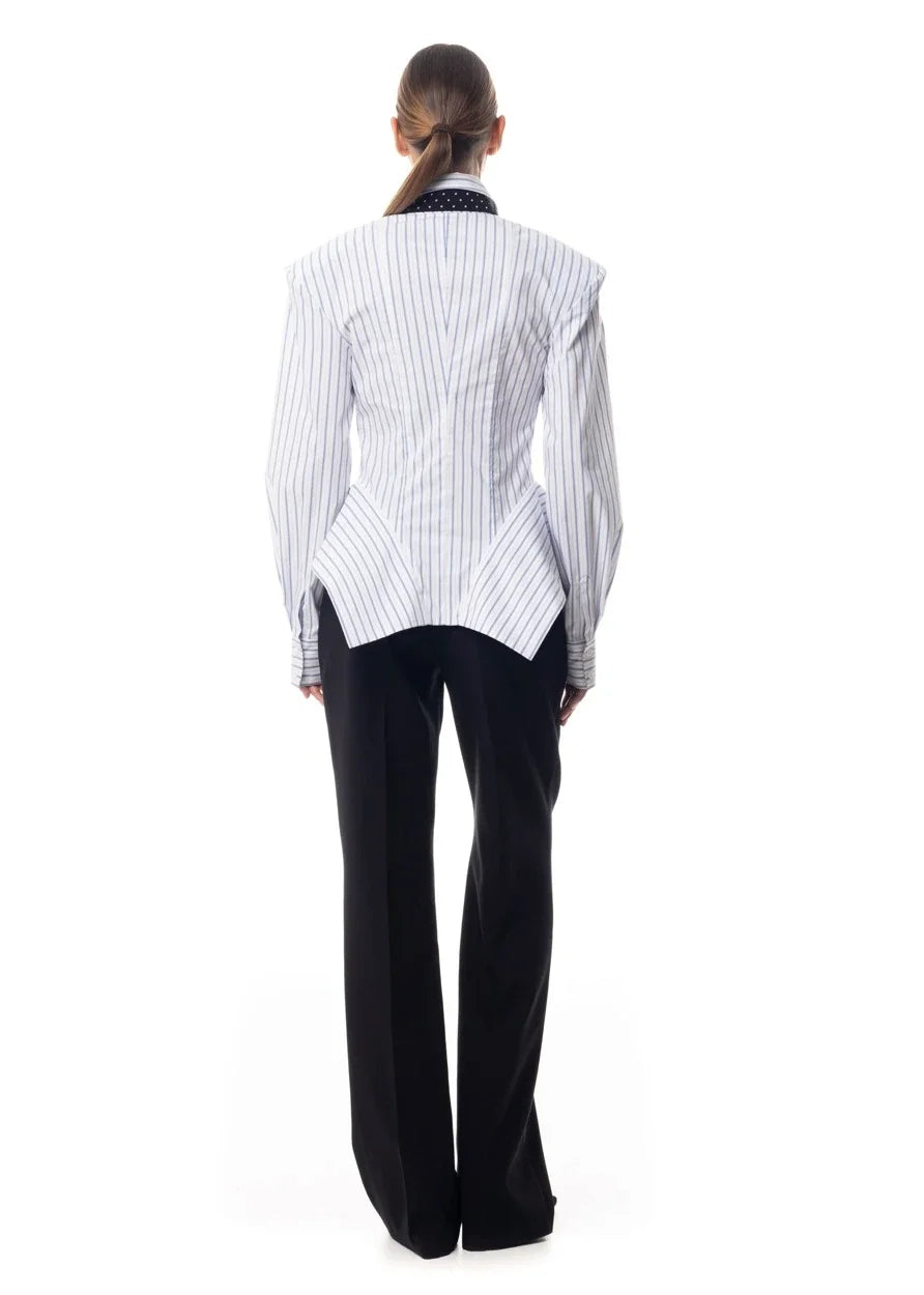 Women's Collar Striped Shirt with Asymmetrical Hem and Waist Cinching 2026 Spring summer Fashionable Casual Office...