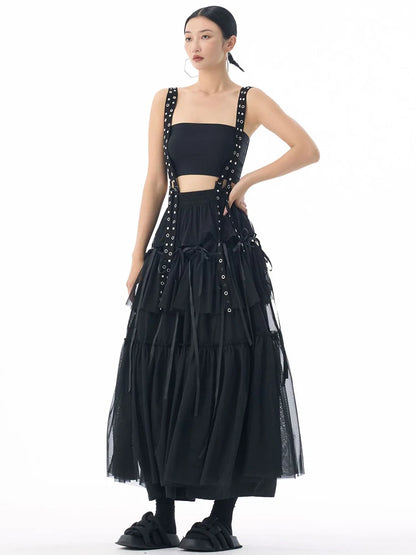 [EAM] High Elastic Waist Coffee Mesh Perspective Ribbon Strap Half-body Skirt Women Fashion Tide New Spring Autumn 2026 1DJ5044