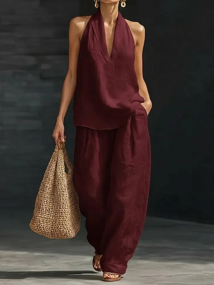 Casual Solid Set For Women Fashion Solid Sleeveless V Neck Tops+High Waist Wide Leg Pants 2 Piece Sets Lady Holiday Women's