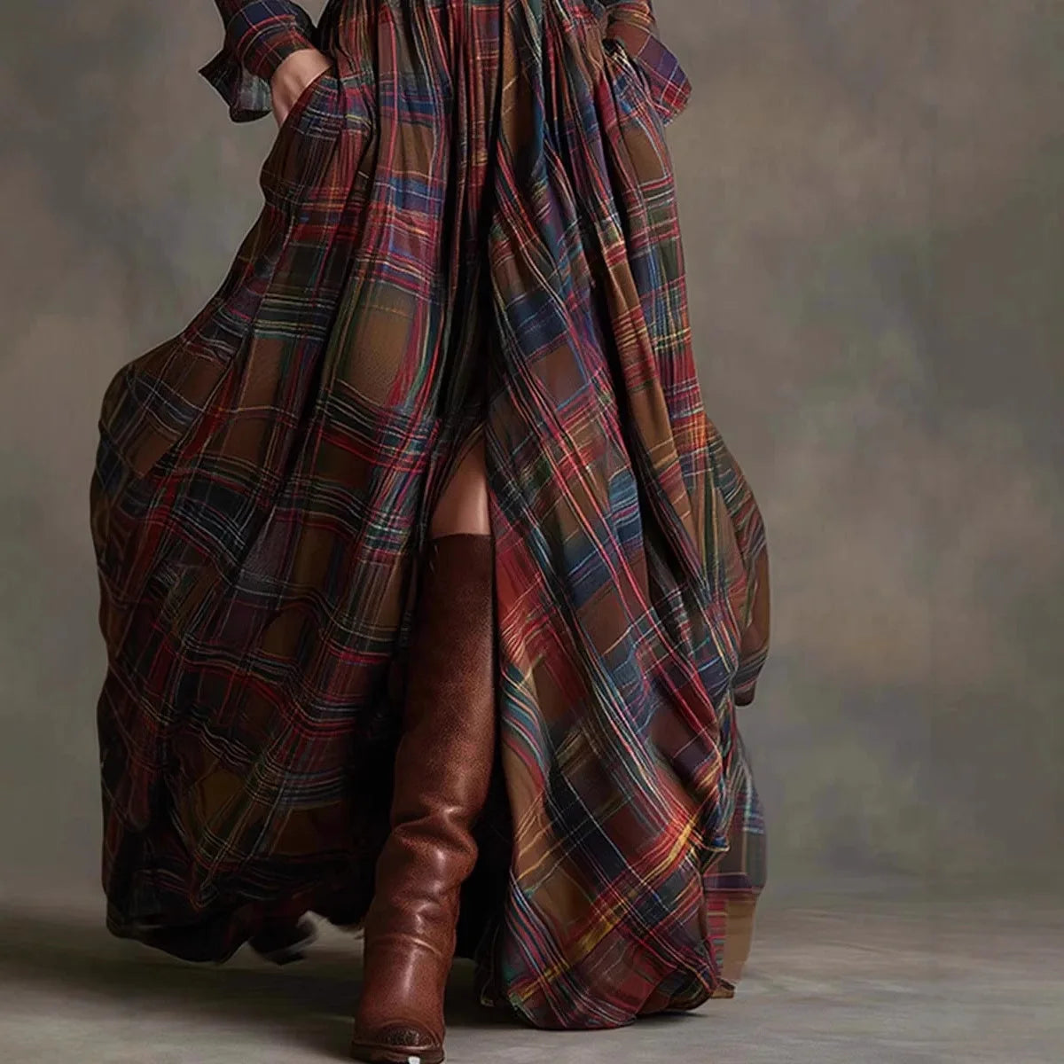 European American Women's Shirt Maxi Dress Autumn Casual Long Sleeve Button Pocket Plaid Print Lapel Retro Long Dress...