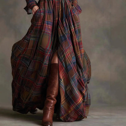 European American Women's Shirt Maxi Dress Autumn Casual Long Sleeve Button Pocket Plaid Print Lapel Retro Long Dress...