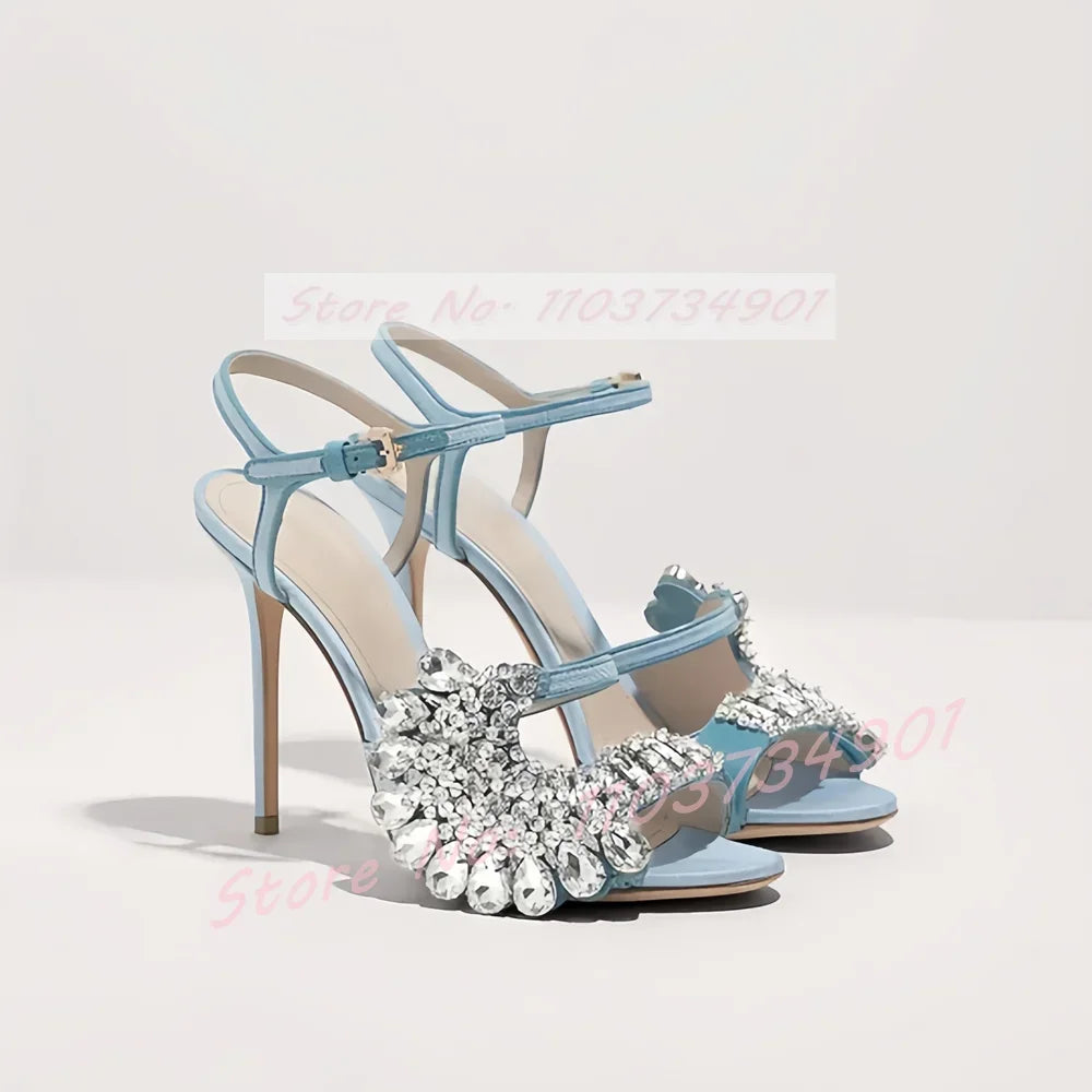 Open Toe Crystals Flower Sandals Women Wedding Luxury Ankle Strap Round Toe Stiletto High Heels Shoes Lady Party Summer Sandals