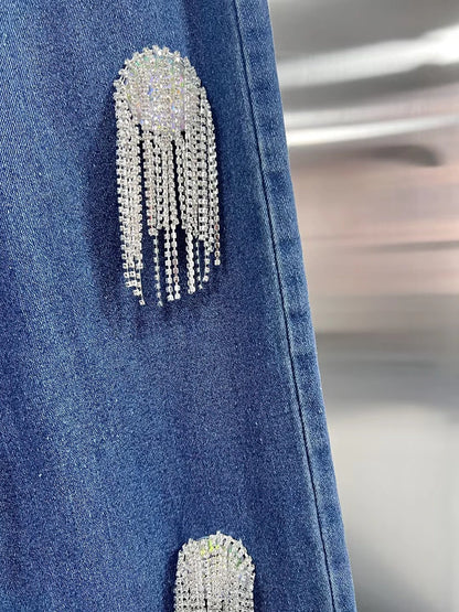 TWOTWINSTYLE Solid Patchwork Tassel Chic Denim Pants For Women High Waist Spliced Button Wide Leg Straight Pants Female Fashion