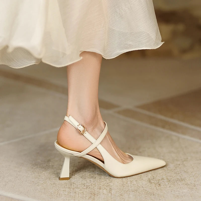 Fashion Slingbacks Women Pumps Spring Summer Office Ladies Party Prom Genuine Leather Pointed Toe High Heels Shoes Woman Sandals