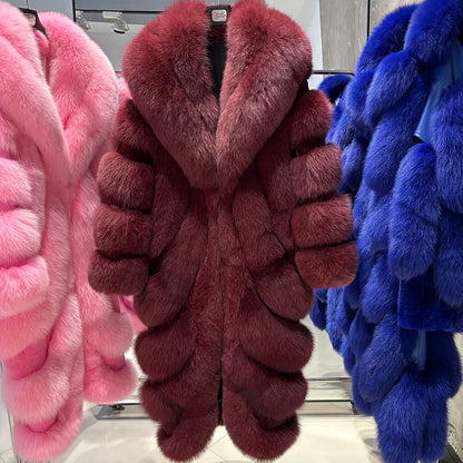 YOLOAgain 2025 Winter Warm Luxury Real Fox Fur Coat Women Pink Fox Fur Jacket Long