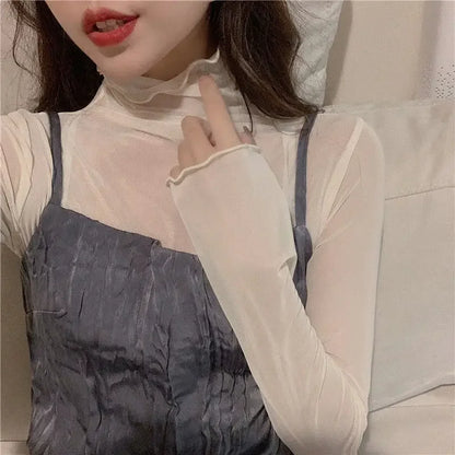 Sexy Women T Shirt See Through Transparent Mesh Tops Long Sleeve Sheer Slim Ladies Solid Turtleneck Silk T-Shirt Lace Crop Top