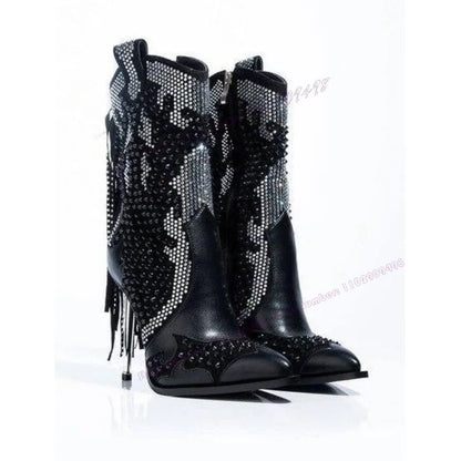 Black Tassel Crystal Decor Ankle Boots Pointed Toe Shoes for Women Thin High Heels Sexy Runway Shoes 2025 Zapatos Para Mujere