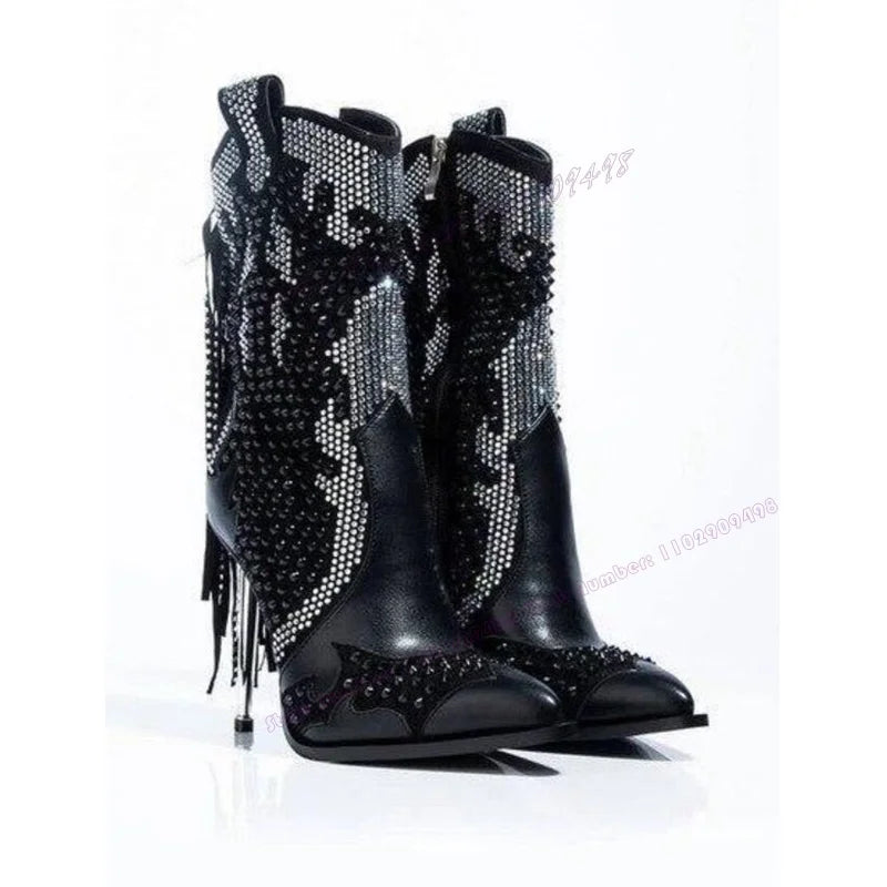 Black Tassel Crystal Decor Ankle Boots Pointed Toe Shoes for Women Thin High Heels Sexy Runway Shoes 2025 Zapatos Para Mujere
