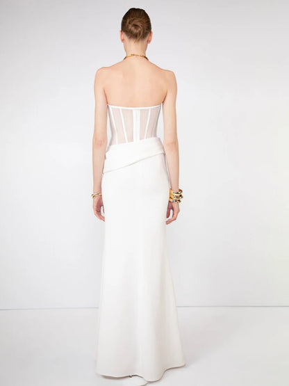VC Elegant White Corset Simple Wedding Dress – Strapless Sheer Bodice Maxi Dress for Women Modern Minimalist Engagement Dress