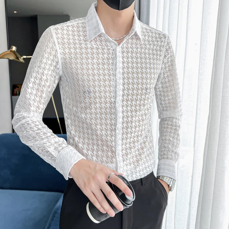 Sexy Transparent Mesh Long Sleeved Shirts for Men Fashion Party Night Club Plaid Printed Slim Fit 4XL Mens Dress Shirt Plus Size - Kimlud