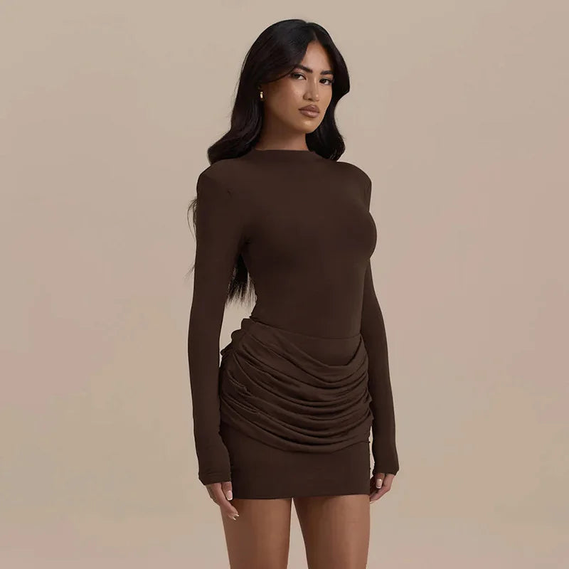 Solid Color Gathered Hip Cover Long Sleeve Dress Women's Spring Summer New Casual Round Neck Dresses For Women Ropa...