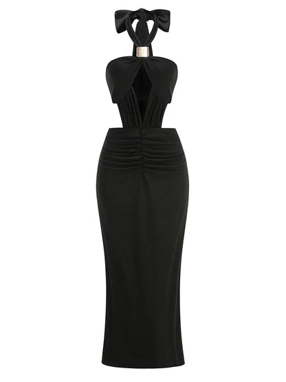 Sexy Halter Neck Lace Up Hollow Out Long Dress Women Black Sleeveless Backless Folds Slim Dresses Celebrity Evening...
