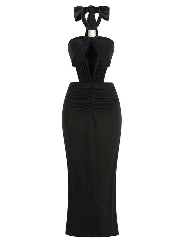 Sexy Halter Neck Lace Up Hollow Out Long Dress Women Black Sleeveless Backless Folds Slim Dresses Celebrity Evening...