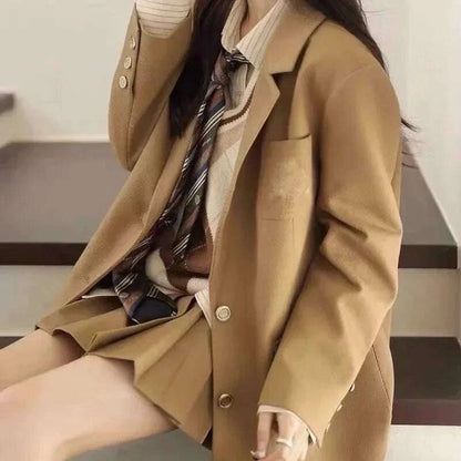 2024 Autumn New Preppy Style Loose-Fit Vintage Versatile Top Women's Polyester Fiber Jacket Coat