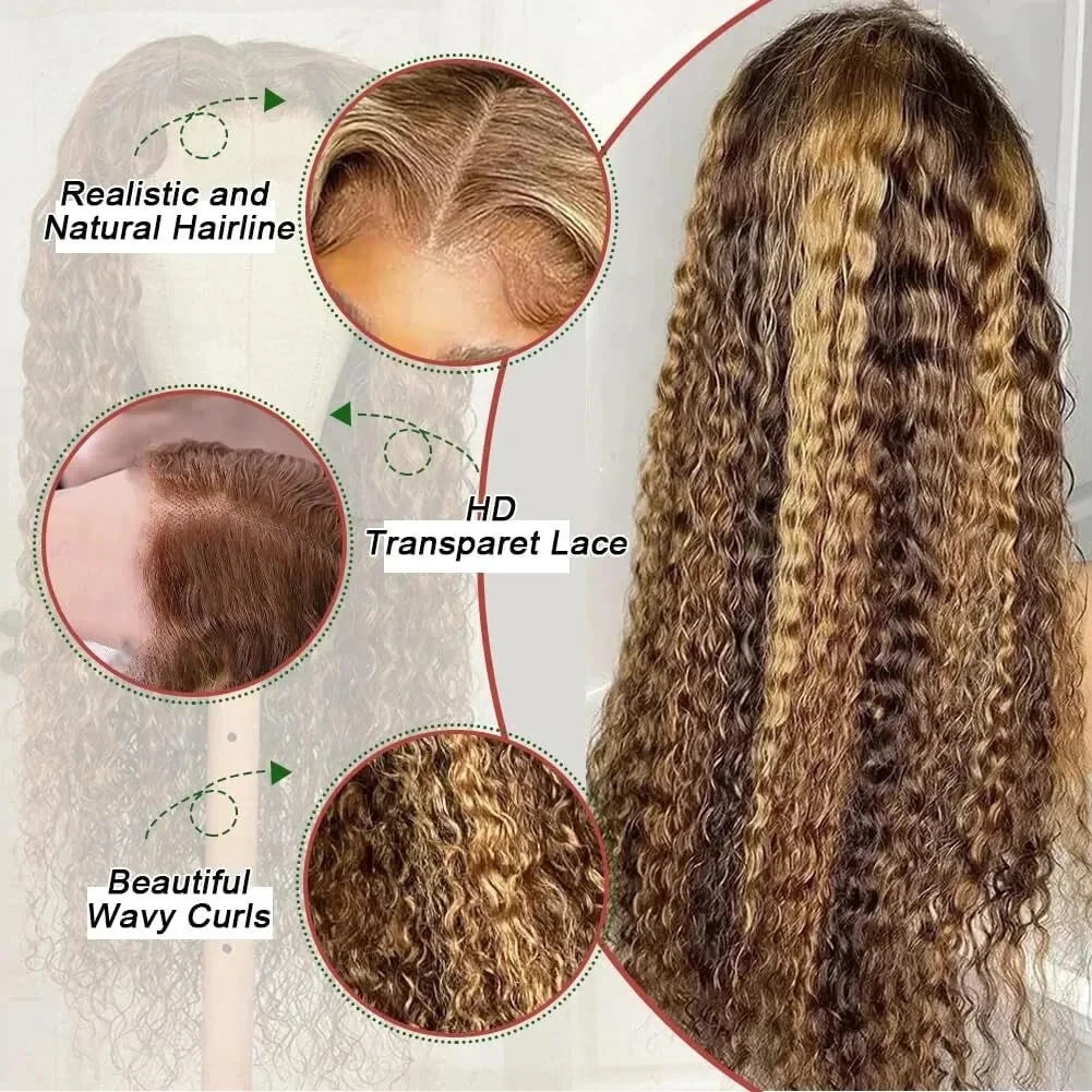 Honey Blonde 360 Lace Front Wig Human Hair 250 Density Deep Wave Highlight Curly Brown 13X4 Lace Frontal Wigs 427 Brazilian Hair