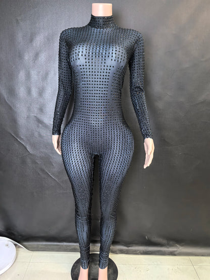 Women's Sparkly Long Sleeve Crystal Rompers Bodycon Bodysuits for Pole Dance Stage Performance Party One Piece Jumpsuits 7G - Kimlud