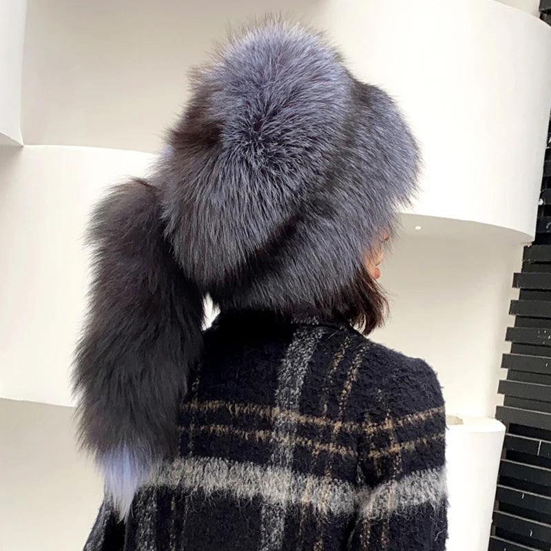 Natural Fox Fur Russian Hat Ushanka Women Winter Warm Fluffy Popular Style Female Tail Cap Fashion Real Fur Hats