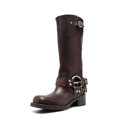 Arden Furtado 2025Autumn Brown Platform Motorcycle boots Round toe Belt buckle Slip-on Middle heel Knee high boots Western boots