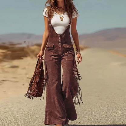 V Neck Tassel Button Patchwork Jumpsuits, Women Holiday Casual Wide Leg Pants Playsuits, 2026 Sleeveless Autumn Winter Overalls
