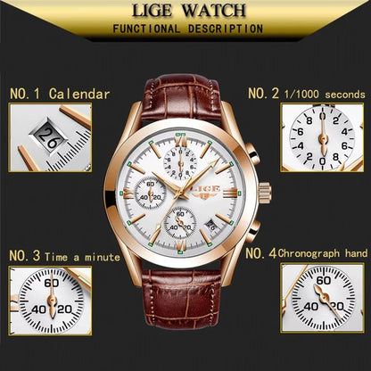 LIGE Men Watch Top Brand Luxury Waterproof Luminous Sport Wristwatch Quartz Military Genuine Leather Relogios Masculino+Box