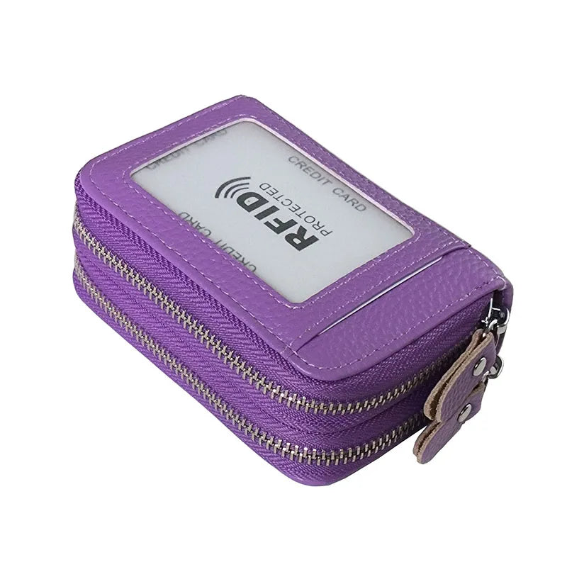 RFID Blocking Fashion Women Card Holder Genuine Leather Double Zipper Large Capacity Female Wallet Purse | Kimlud Mid...