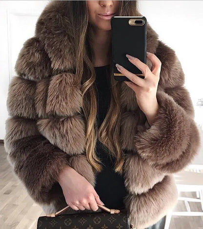 DEAT Fashion Imitation Fox Fur Grass Jacket Women's Hooded Loose Long Sleeves Patchwork Plush Thick Coat Winter New 7A975