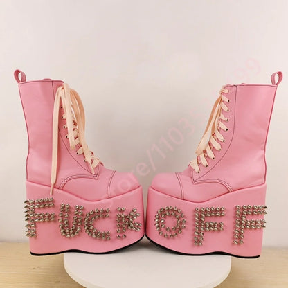 Punk Platform Studded Stage Boots 2025 New Street Rock Lace-Up Wedge Motorcycle Boots Fashion Cool Girl Party Casual Long Boots
