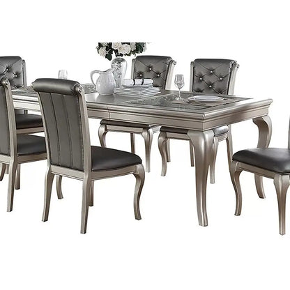 7pc Rect. Glass Dining Table Set w/ Silver Hue & 6 Tufted Side Chairs for Dining Room - Kimlud