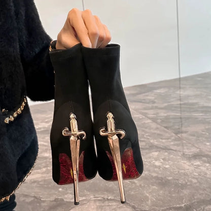 Elegant Short Boots High Boots Velvet Surface Red Bottom High Heels Ladies Fashion Metal Staff Boots Winter Youth Spring