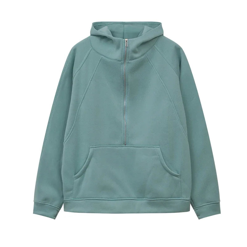 Half Zipper Hooded Short Plush Sweater, Casual Sports Sweater, New Fashion, Autumn, Winter, 2024 - Kimlud