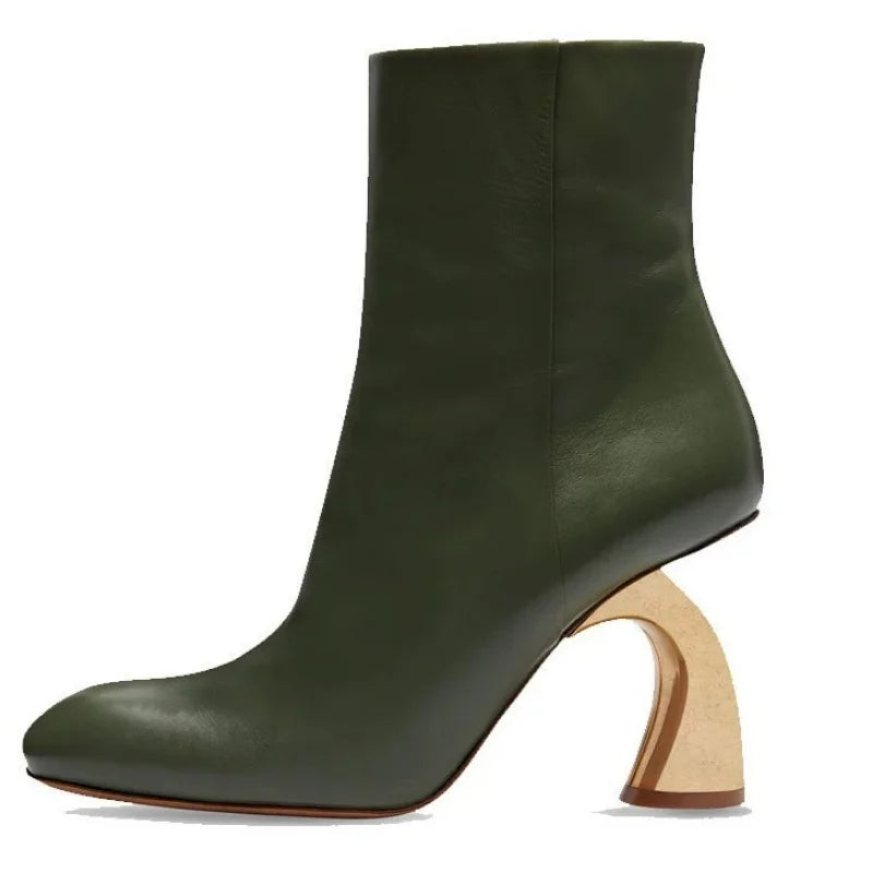 Stylish Metal Strange Heels Women's Ankle Boots Square Toe Zipper Solid Color Lady Pumps Elegant Commuting Madam Short Boots - Kimlud