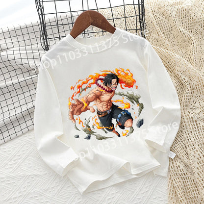 One Piece Children T-shirt Long Sleeve Children Clothing Fashion Hip Hop Round Neck Cotton Toddler Summer Cartoon Anime Toddler