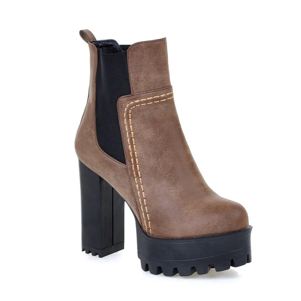 Fashion Ankle Boots for Women Platform Round Toe High Heels Short Boot Female Punk PU Grey Brown Vintage Autumn Winter Shoes
