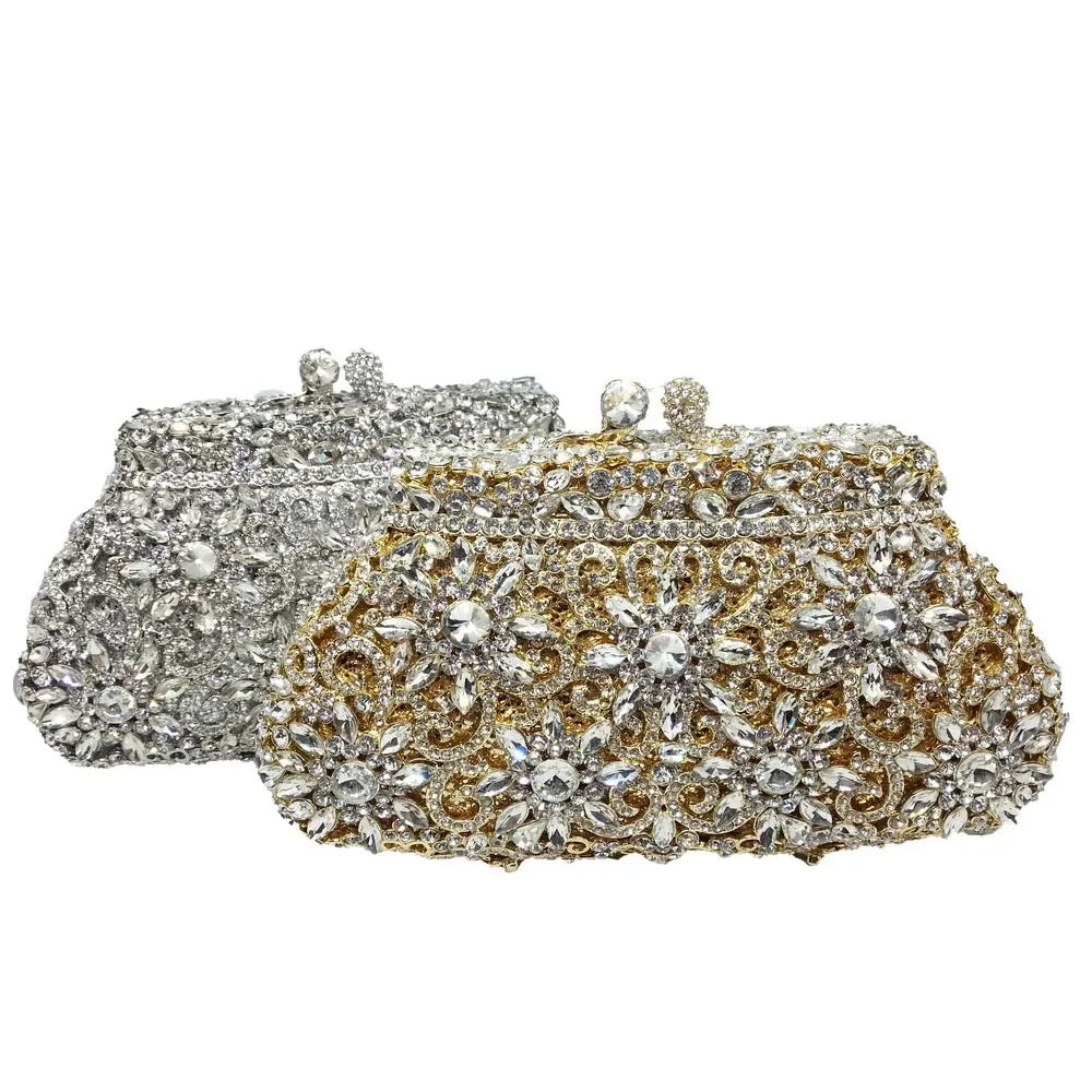 Boutique De FGG (in stock) Flower Crown Clutch Silver Crystal Evening Handbag Women Party Prom Bag Bridal Clutches Wedding Purse - Kimlud