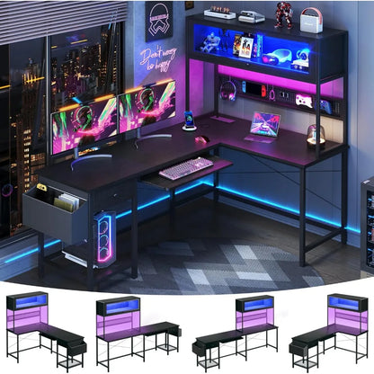 L Shaped Gaming Desk with Power Outlets & LED Lights, 49'' Reversible Computer Desk with Hutch & Pegboard & Display...