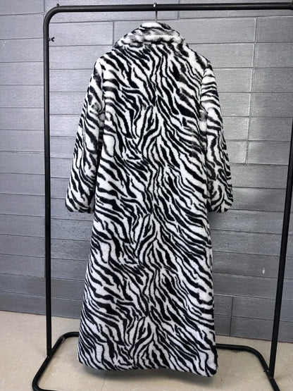 2026 Fashion Zebra Leopard Print Fur Coat Women's Winter Faux Rabbit Hair Fur X-long Overcoat Loose Jacket Streetwear...