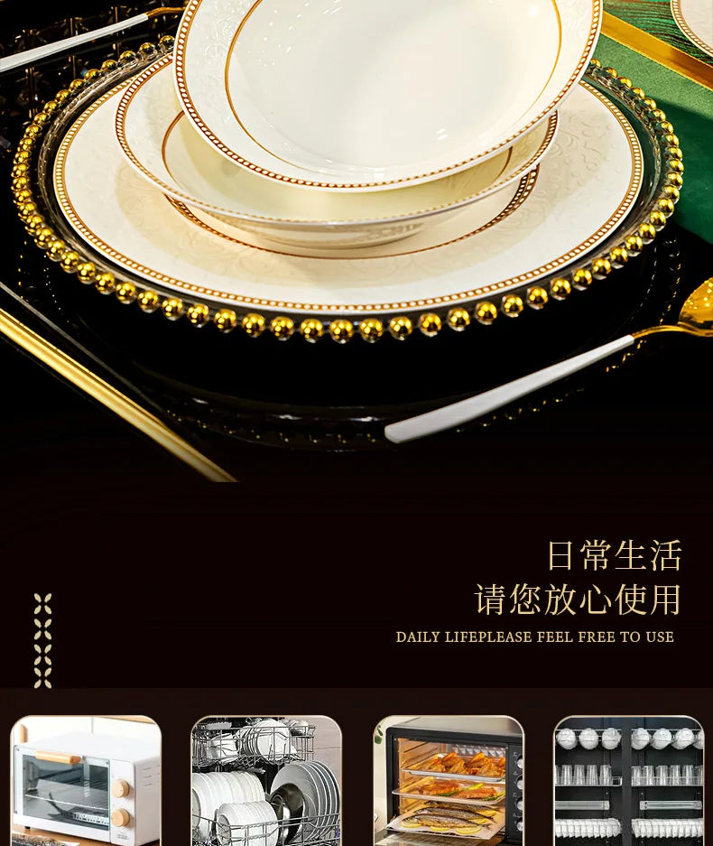 2025 New Jingdezhen Dishes Tableware Free Combination Household High-grade Bone China Tableware Housewarming Relief Rose
