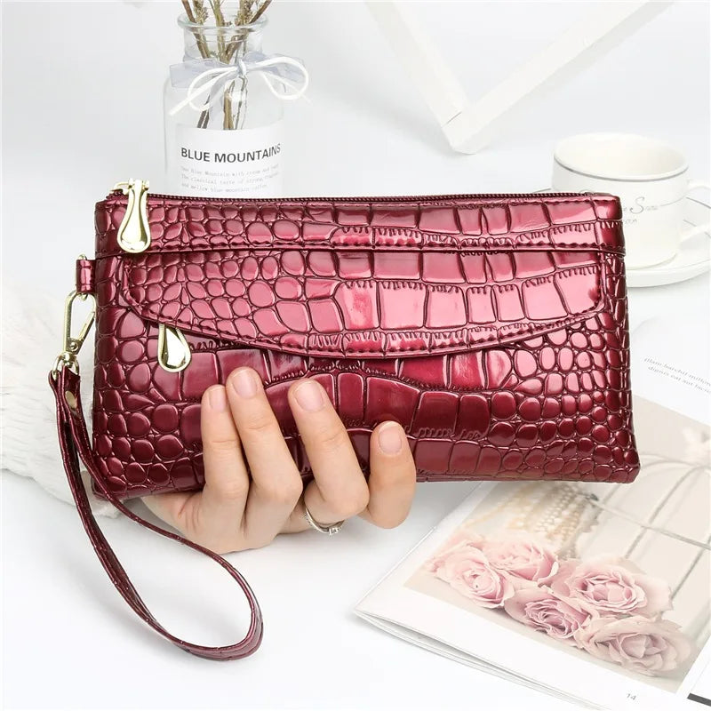 Women Long Wallets Leather Ladies Double Zipper Wallet Clutch Bag Design Red Purse Bag Crocodile Purses