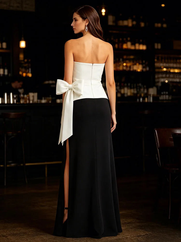 Sexy Strapless Black and White Patchwork Butterfly Bow Long Dress Women Sleeveless Ruched Split Slim Dresses Evening...