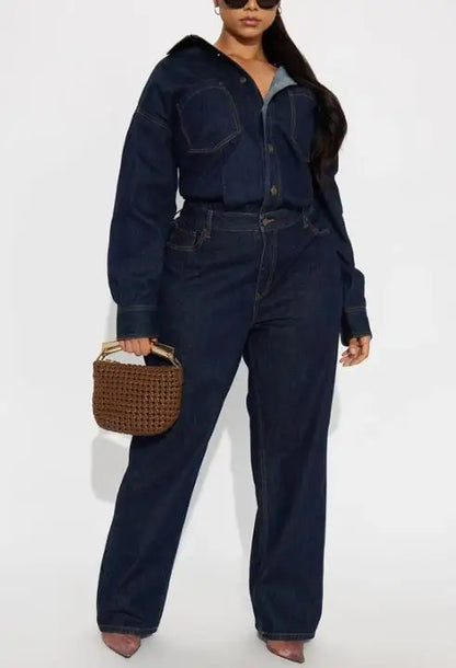 Jumpsuit Women 2026 New Spring Autumn Solid Color Pocket Design Turn-Down Collar Long Sleeved High Waist Casual Denim...