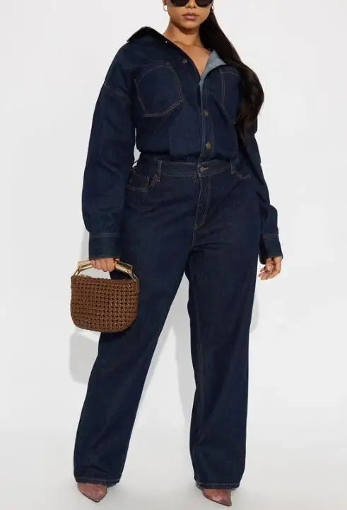 Jumpsuit Women 2026 New Spring Autumn Solid Color Pocket Design Turn-Down Collar Long Sleeved High Waist Casual Denim...
