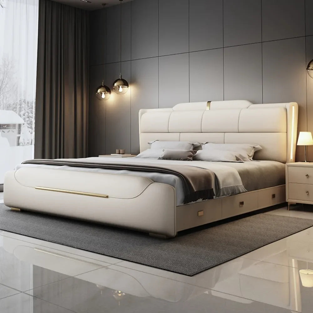 180x200cm Italian light luxury double storage bed layer cowhide three drawers Carbon steel leg camas de casal bedroom...