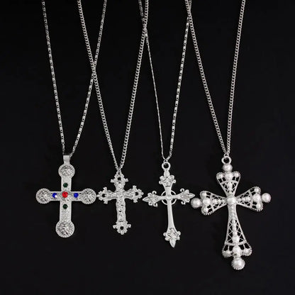 Geometric Ethnic Style Men Necklace Silver Pearl Cross Pendant Necklace Jewelry Accessories Golden Rhinestone Necklace Women
