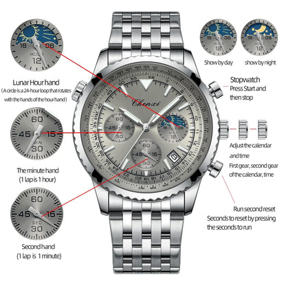 Luxury StopWatch Moon Phase Waterproof Male Clock Luminous Date Stainless Steel Square Quartz Men Watch reloj hombre