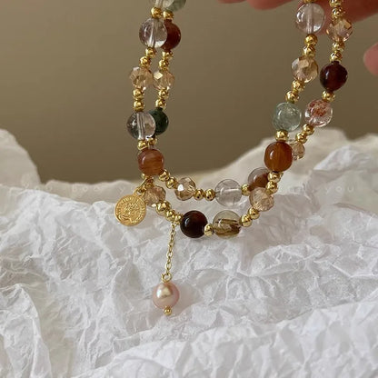 Vintage Double Layered Crystal Pearl Beaded Bracelet for Women Ethnic Natural Stone Beads Wrap Bangle Bracelet Jewelry...